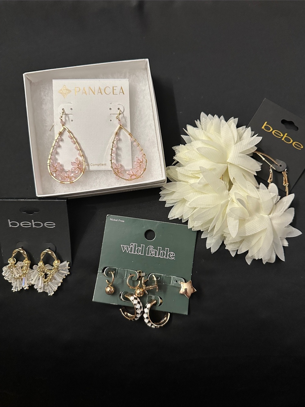 NWT Bebe Gold and Cream Floral Earring, Panacea and wild fable ALL